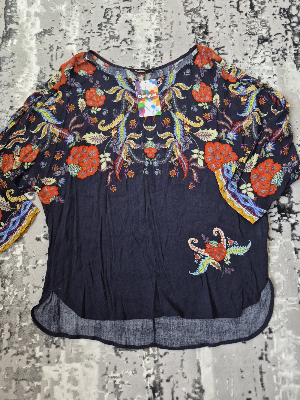 Desigual Blue Floral Viscose Long Sleeve Round Neck Top Blouse BOHO Size L